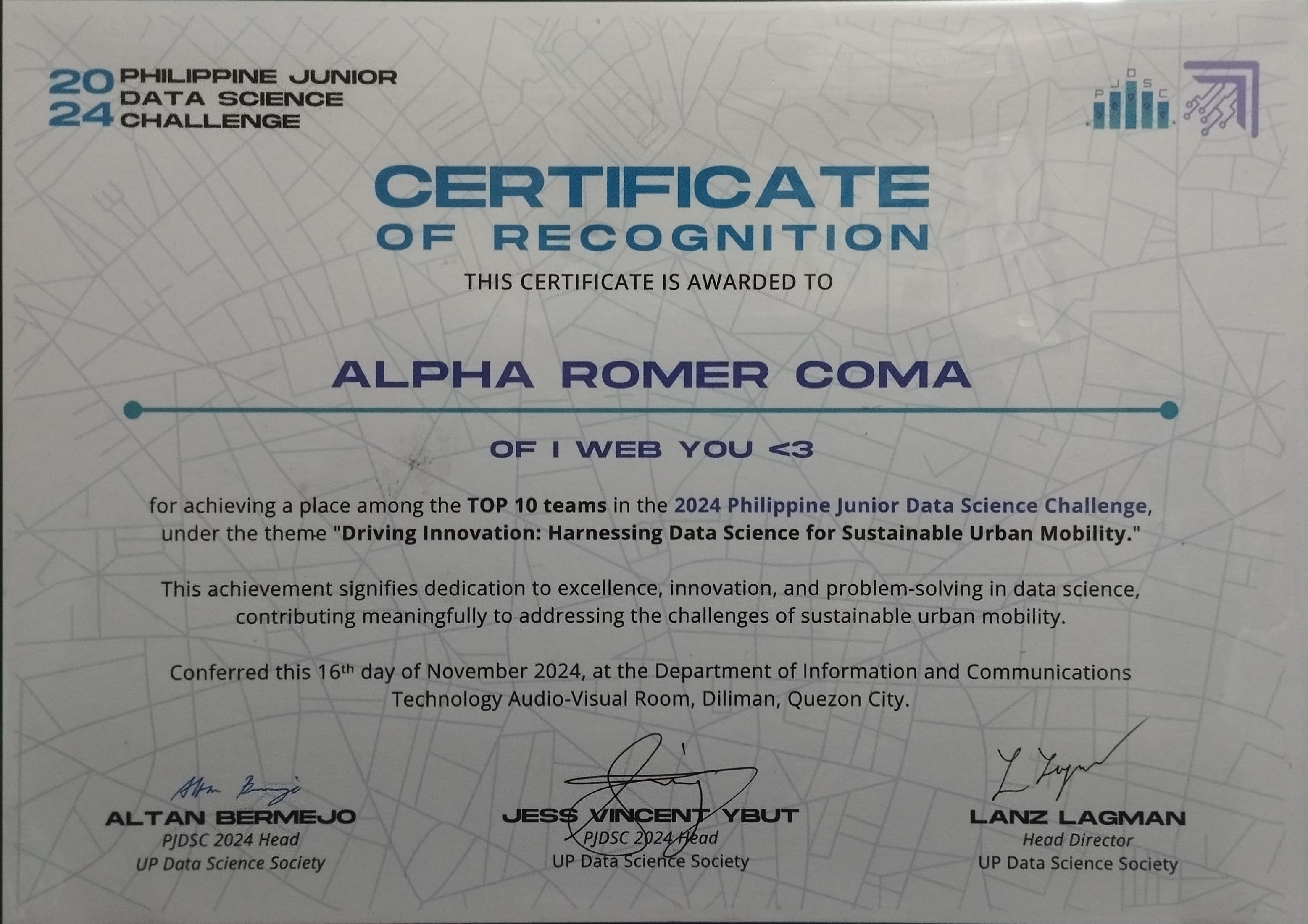 Philippine Junior Data Science Challenge Finalist & GlobalCo Special Awards