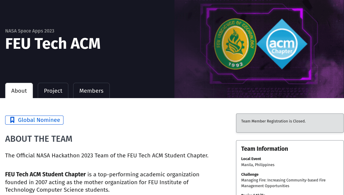 NASA Space Apps Challenge Global Nominee